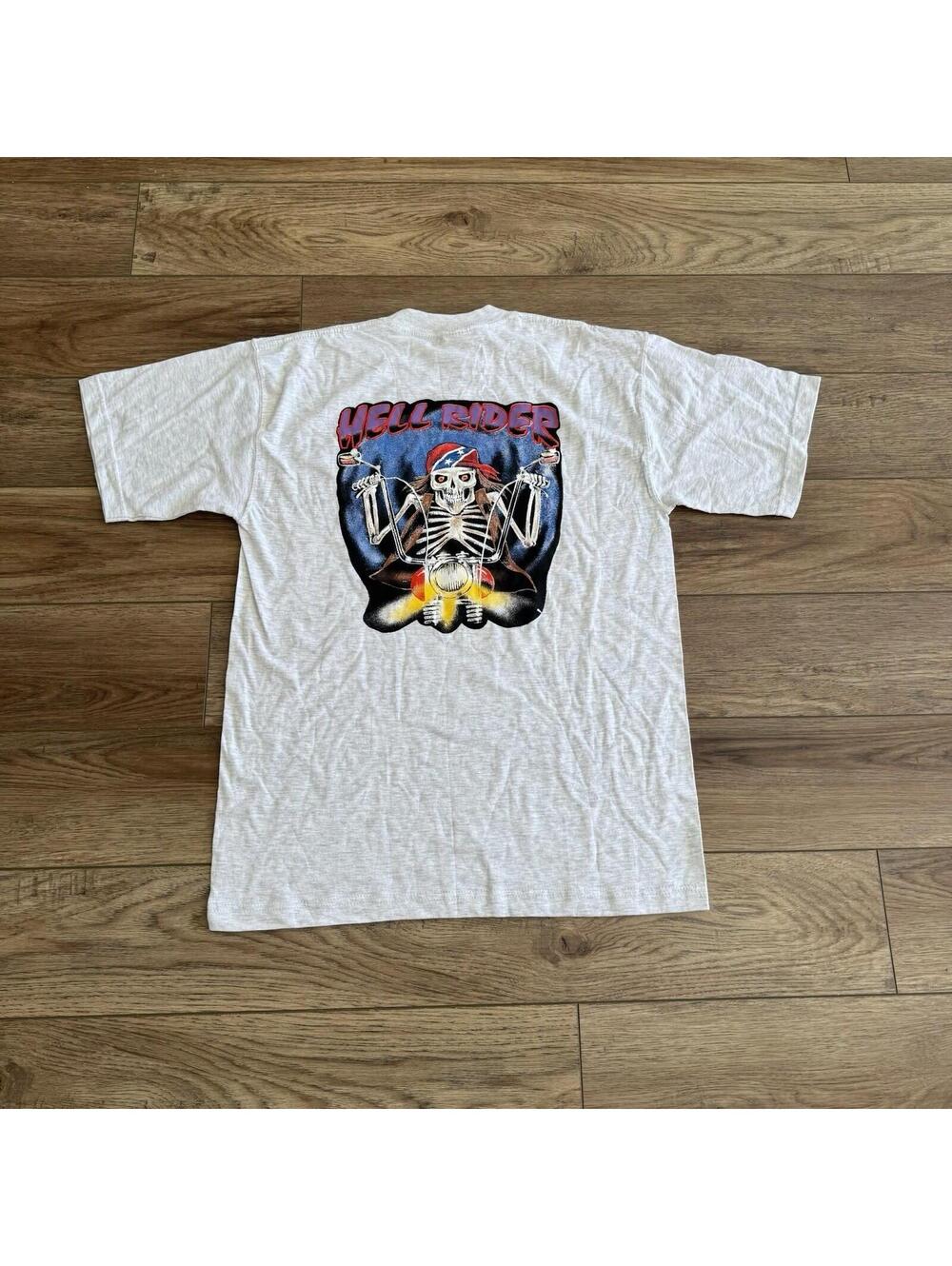 Vintage 90s Hell Rider Biker T Shirt Medium Majestic Skull